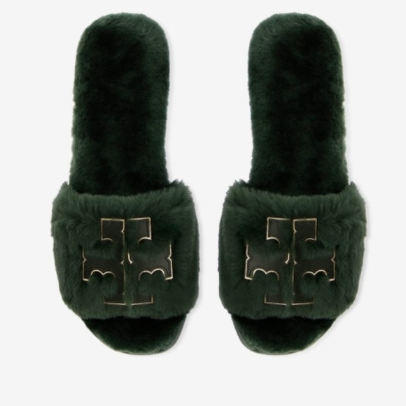 NWT Tory Burch Double T Shearling Slide Slippers - Picture 1 of 11